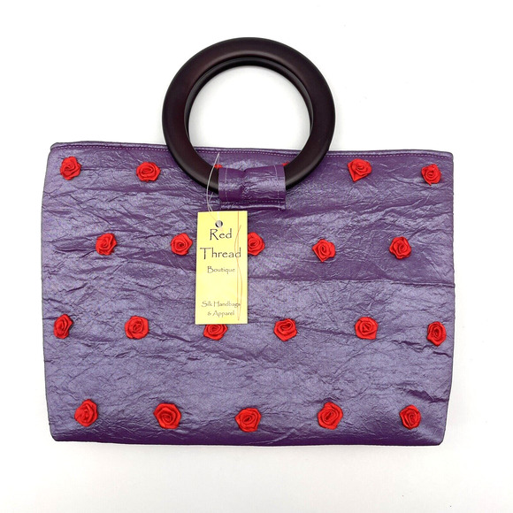 NWT Red Thread Boutique Purple Silk Red Rose Appliqué Wooden Double Handle Purse - Picture 1 of 14